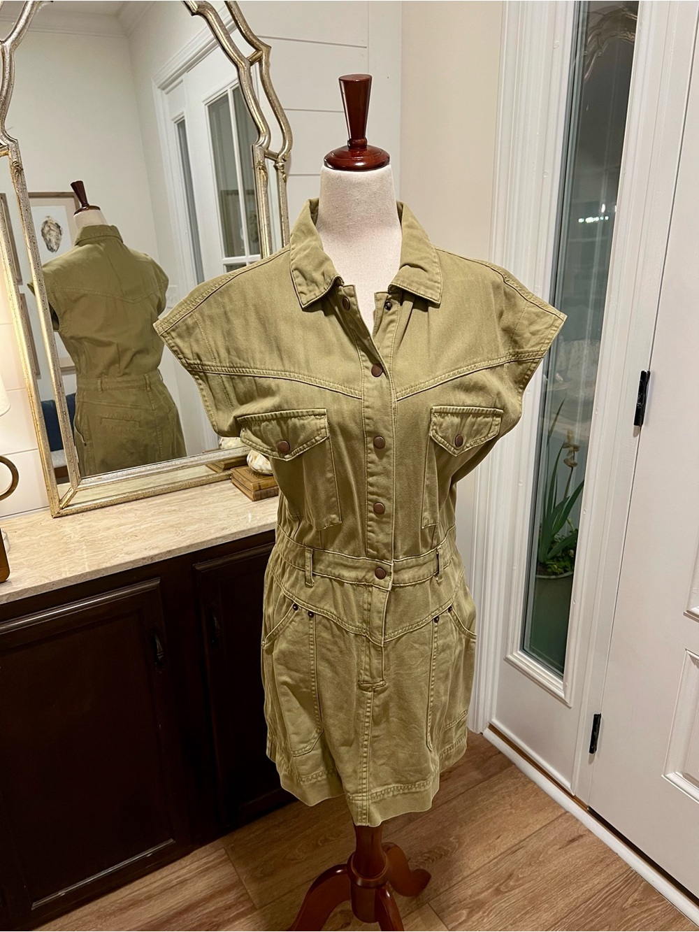 Utility Short Sleeve Button Minidress in Olive
